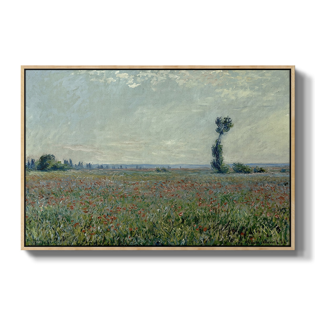 Poppy Field, 1881 by Claude Monet in a natural wood floater framed canvas wall art display.