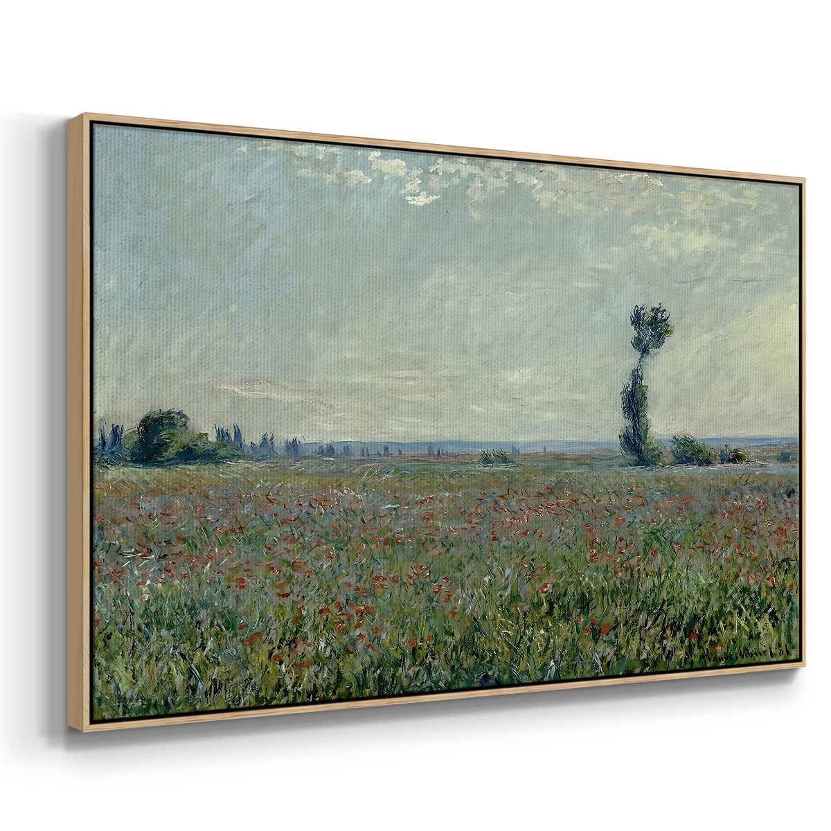 Angled view of Poppy Field, 1881 by Claude Monet in a natural wood floater framed canvas.