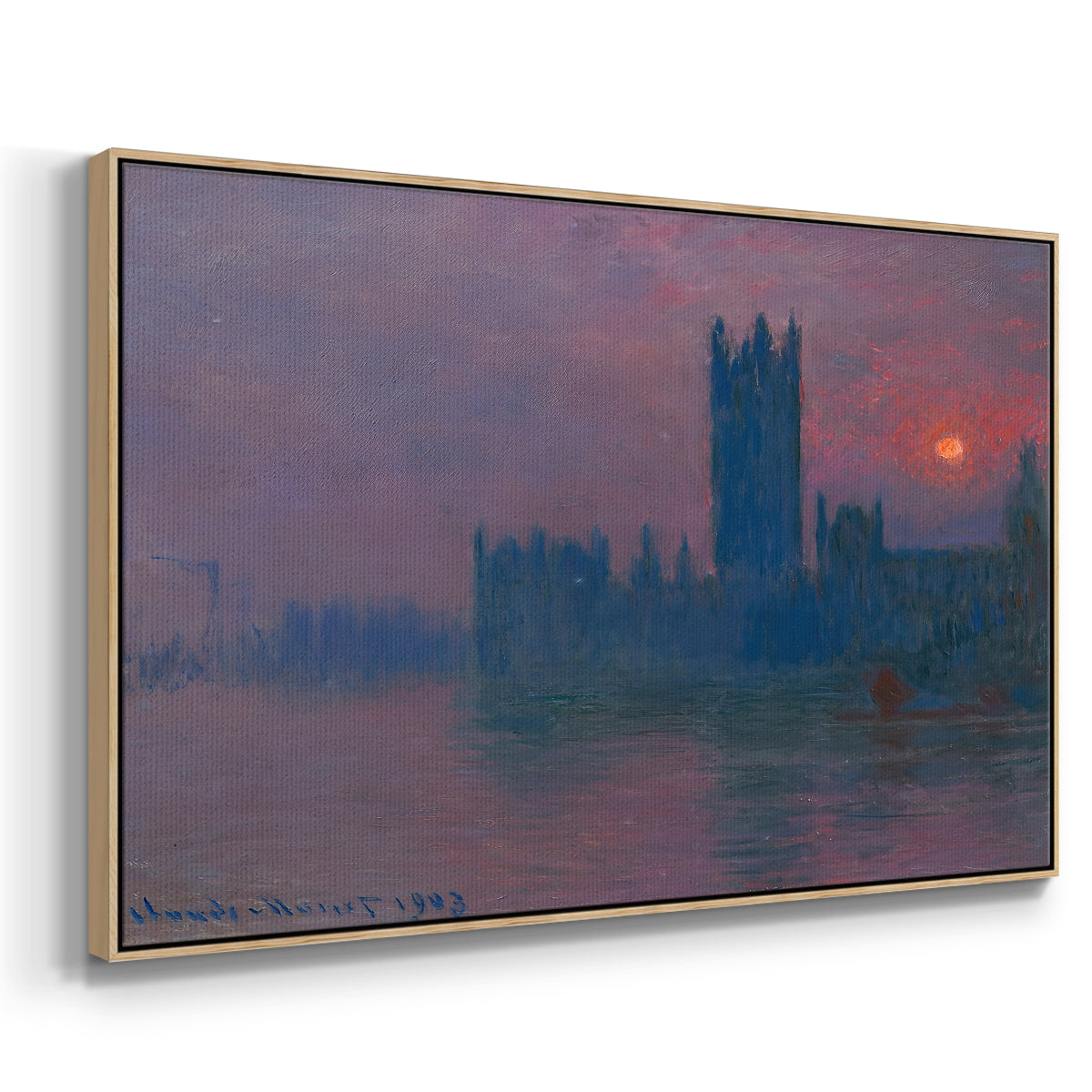 Angled view of The Houses of Parliament, Sunset, 1903 by Claude Monet in a natural wood floater framed canvas.