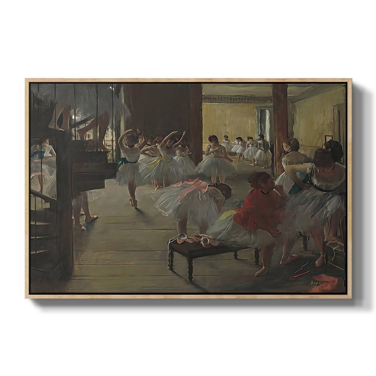 The Dance Class, c. 1873 by Edgar Degas in a natural wood floater framed canvas wall art display.