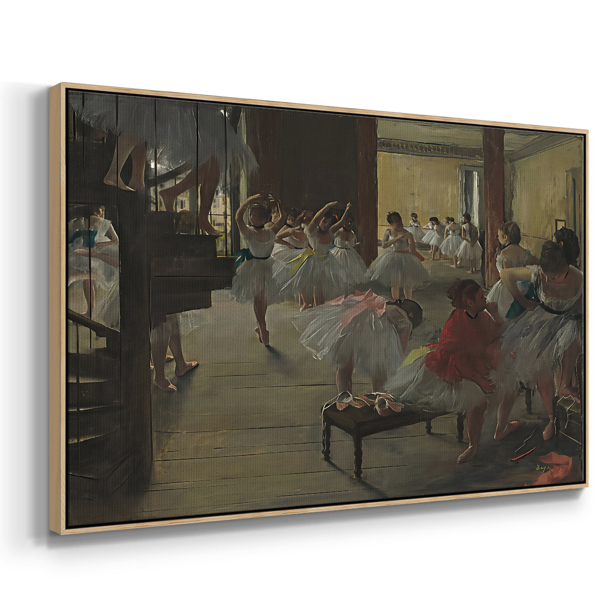 Angled view of The Dance Class, c. 1873 by Edgar Degas in a natural wood floater framed canvas.
