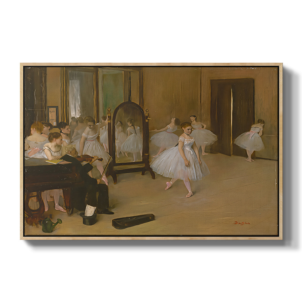 The Dancing Class, c. 1870 by Edgar Degas in a natural wood floater framed canvas wall art display.