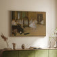 Natural wood floater framed canvas of The Dancing Class, c. 1870 by Edgar Degas, featuring a rehearsal scene with ballerinas in tutus arranged in studio above a sideboard in a softly lit hallway.