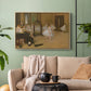 Natural wood floater framed canvas featuring a group of dancers mid-practice with teacher overseeing, displayed above a sofa in a modern living room.