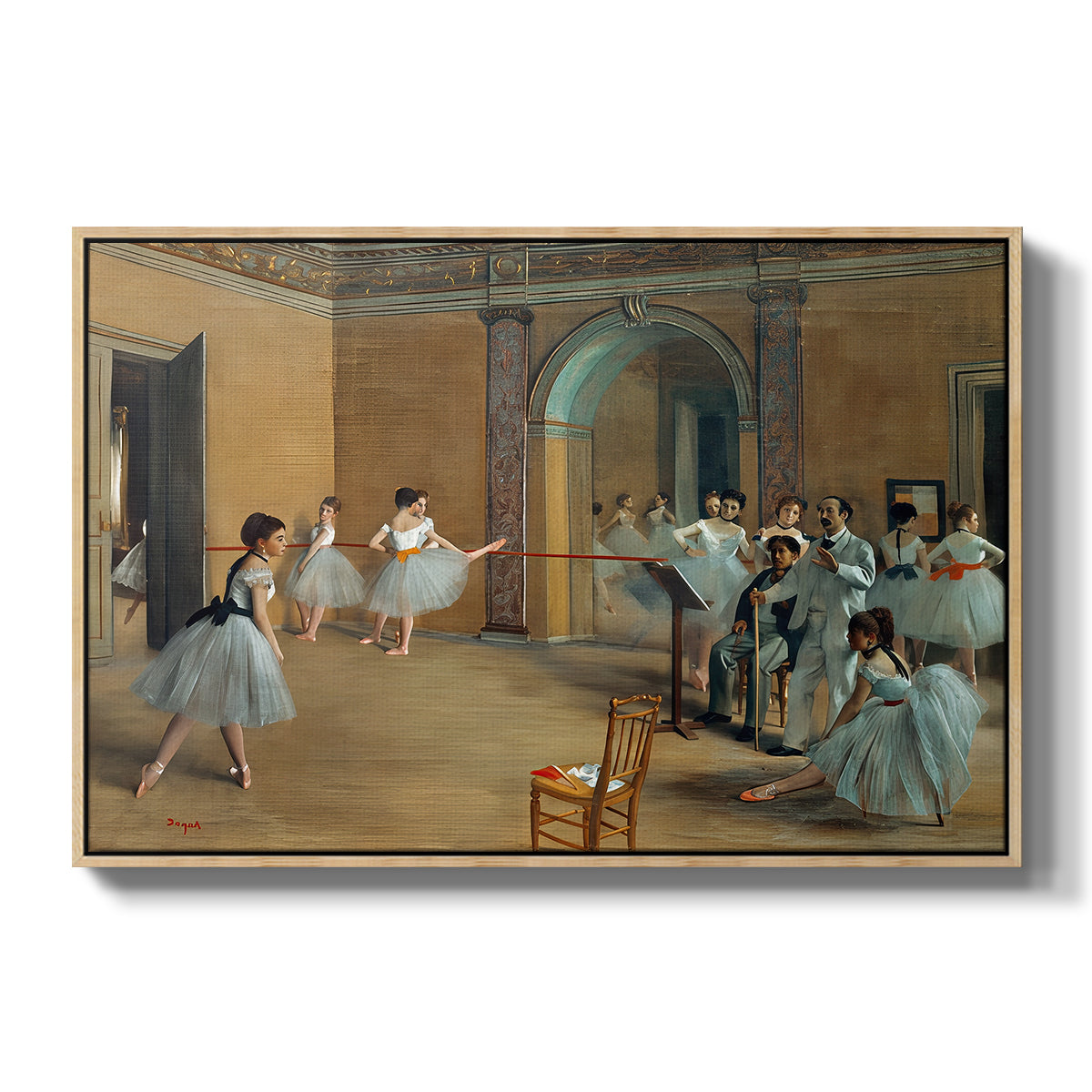 The Dance Foyer at the Opera on the Rue Le Peletier, 1872 by Edgar Degas in a natural wood floater framed canvas wall art display.