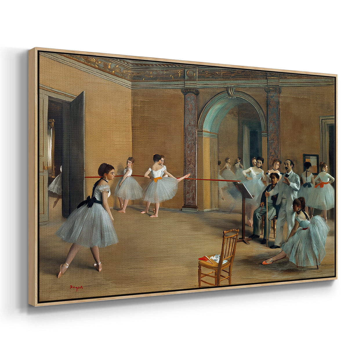Angled view of The Dance Foyer at the Opera on the Rue Le Peletier, 1872 by Edgar Degas in a natural wood floater framed canvas.