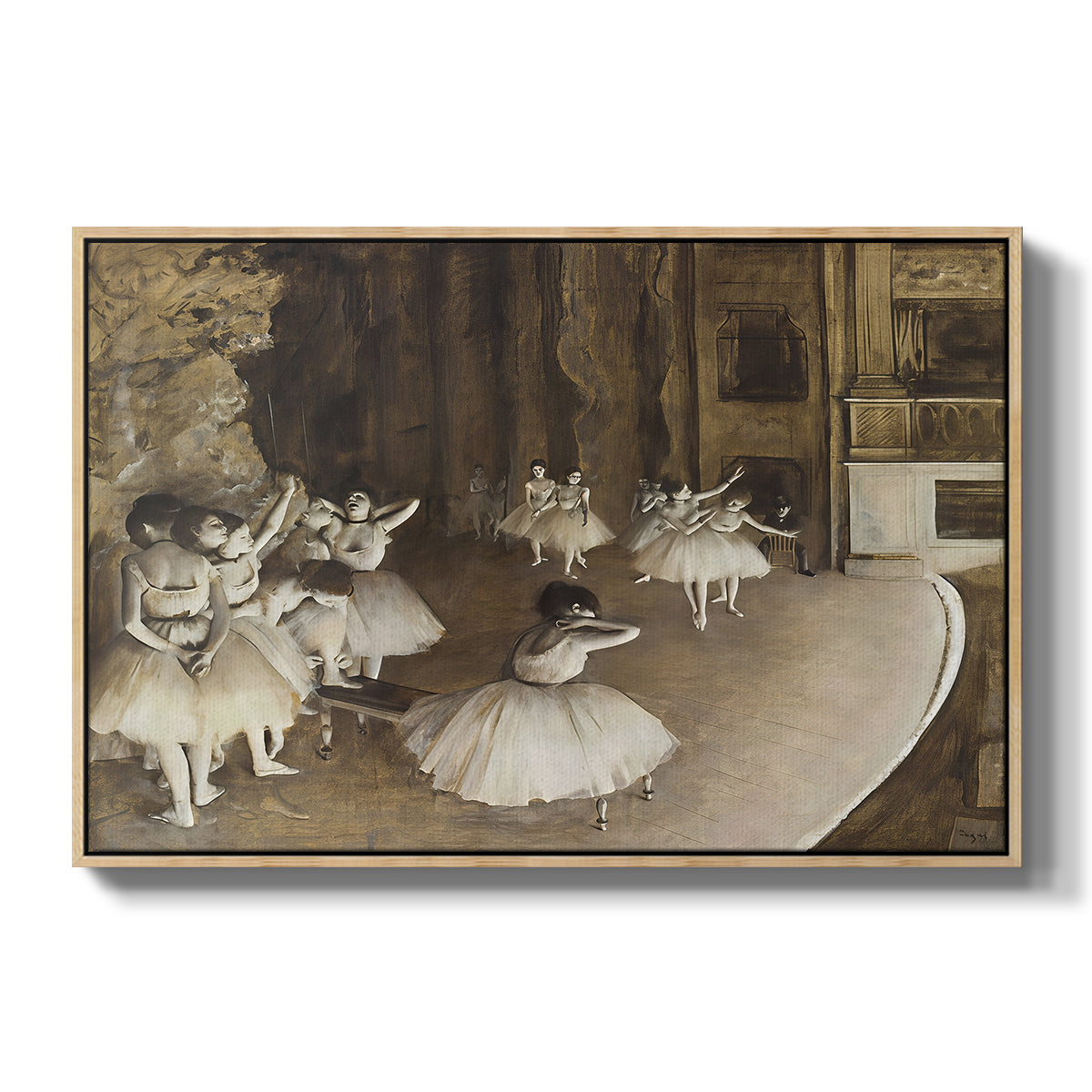 The Rehearsal of the Ballet Onstage, 1874 by Edgar Degas in a natural wood floater framed canvas wall art display.