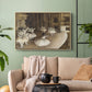 Natural wood floater framed canvas featuring dancers arranged on stage with visible set and depth, displayed above a sofa in a modern living room.