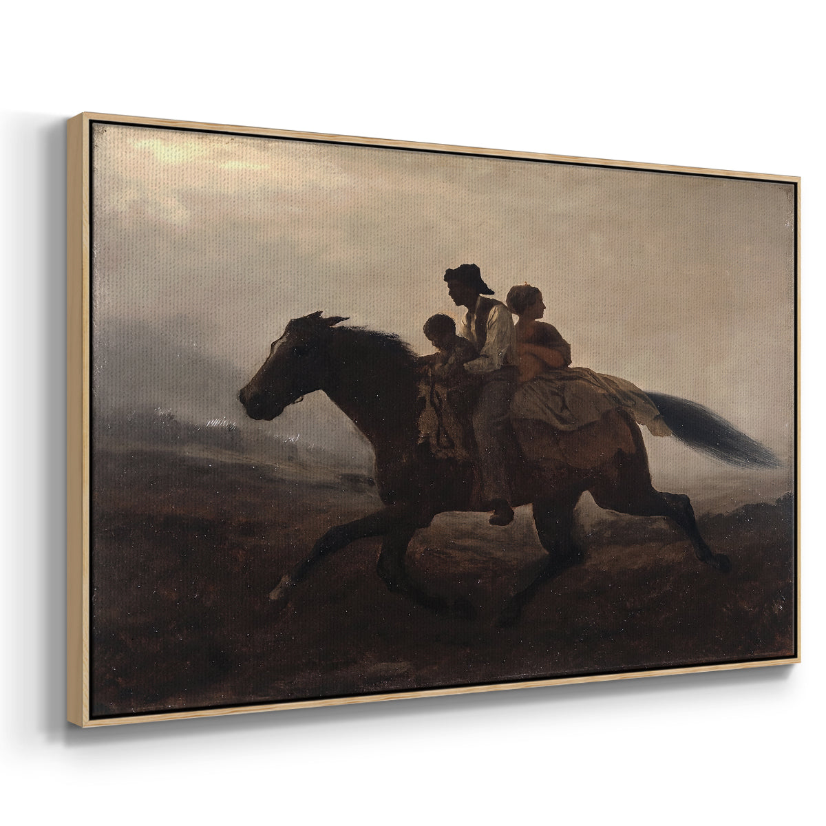 Angled view of A Ride for Liberty – The Fugitive Slaves, c. 1862 by Eastman Johnson in a natural wood floater framed canvas.