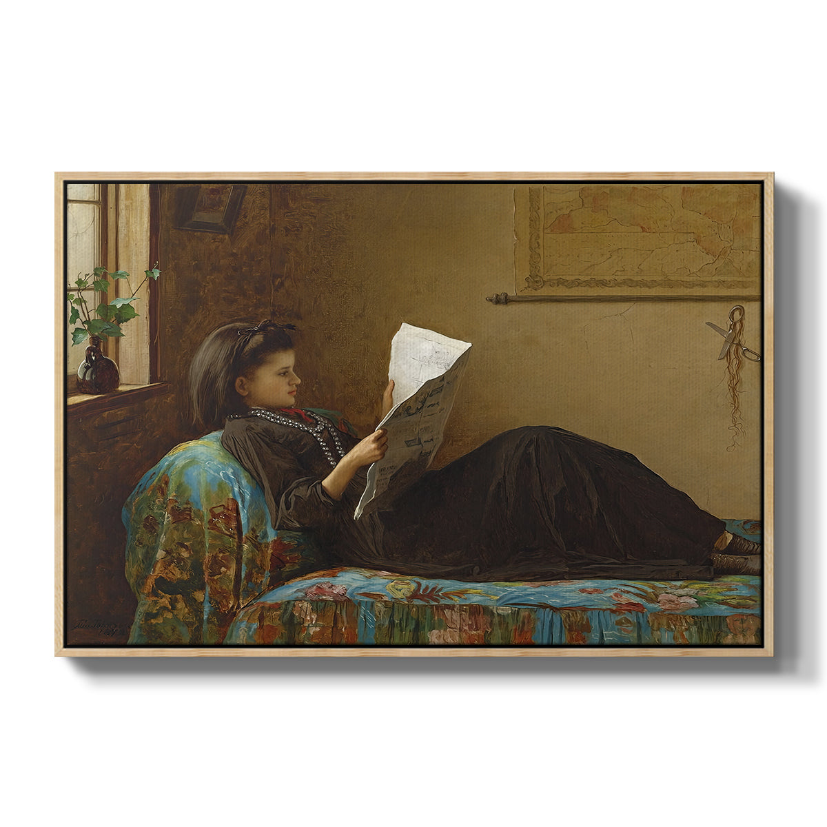 Interesting News, 1872 by Eastman Johnson in a natural wood floater framed canvas wall art display.