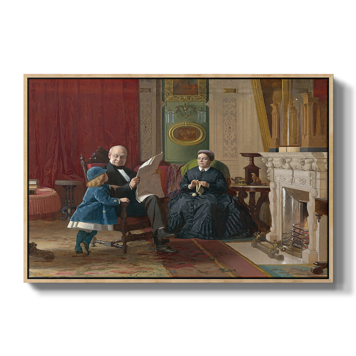 The Brown Family, 1869 by Eastman Johnson in a natural wood floater framed canvas wall art display.