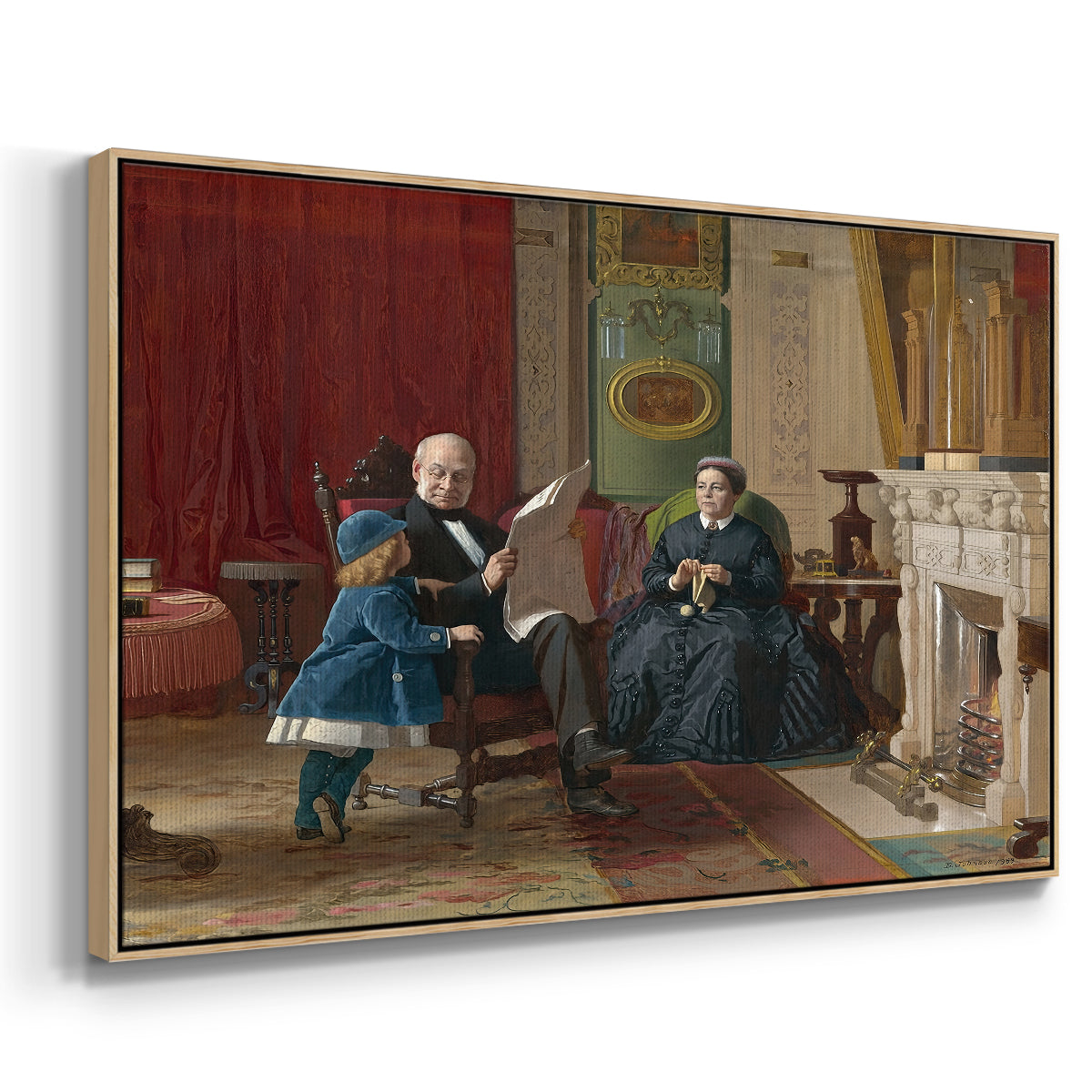 Angled view of The Brown Family, 1869 by Eastman Johnson in a natural wood floater framed canvas.