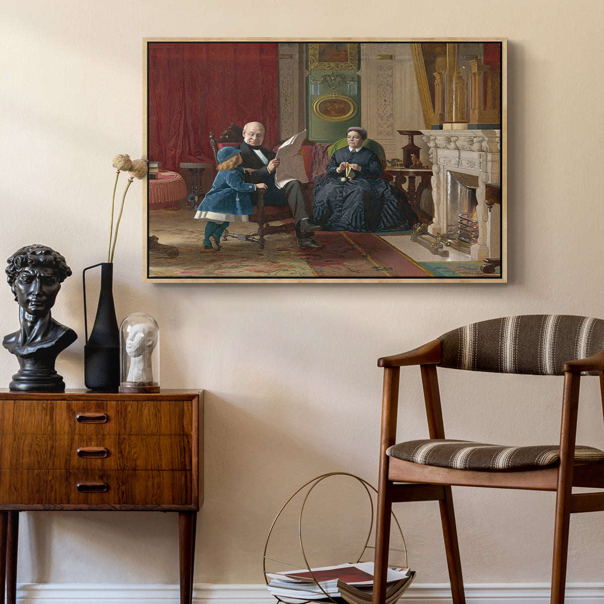 The Brown Family, 1869 by Eastman Johnson as a natural wood floater framed canvas featuring an Americana scene with figures sitting and interacting indoors, styled above a mid-century console in a contemporary living area.