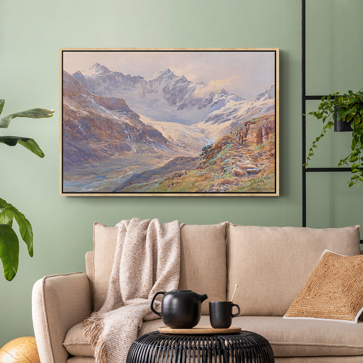 Natural wood floater framed canvas featuring an expansive alpine view with ice and distant mountains, displayed above a sofa in a modern living room.