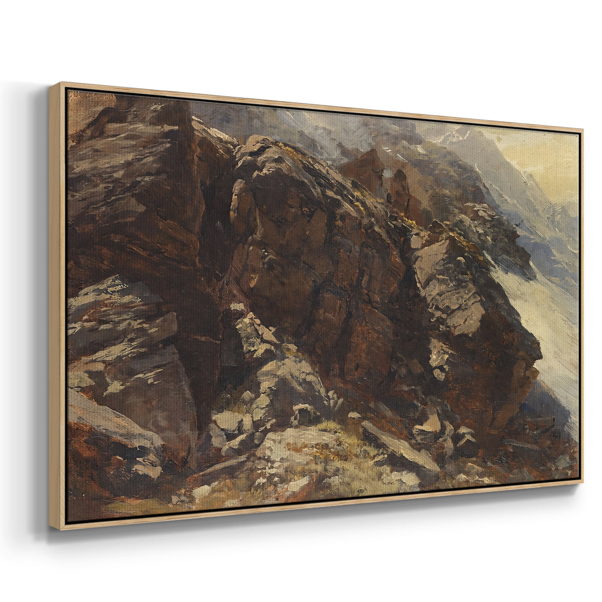 Angled view of High Mountain Study, c. 1870 by Edward Theodore Compton in a natural wood floater framed canvas.