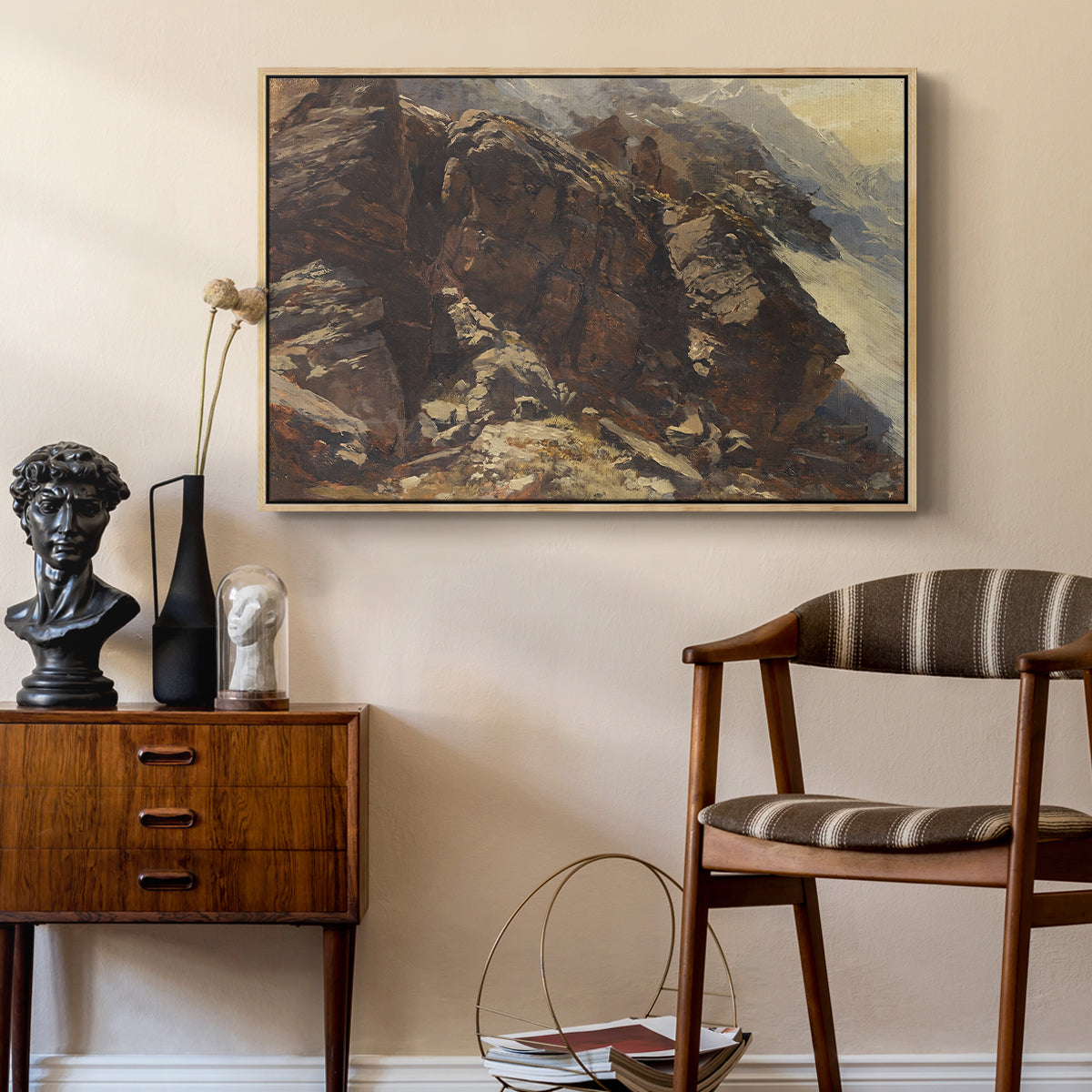 High Mountain Study, c. 1870 by Edward Theodore Compton as a natural wood floater framed canvas featuring a high-altitude scene with rocky formations and sparse vegetation, styled above a mid-century console in a contemporary living area.