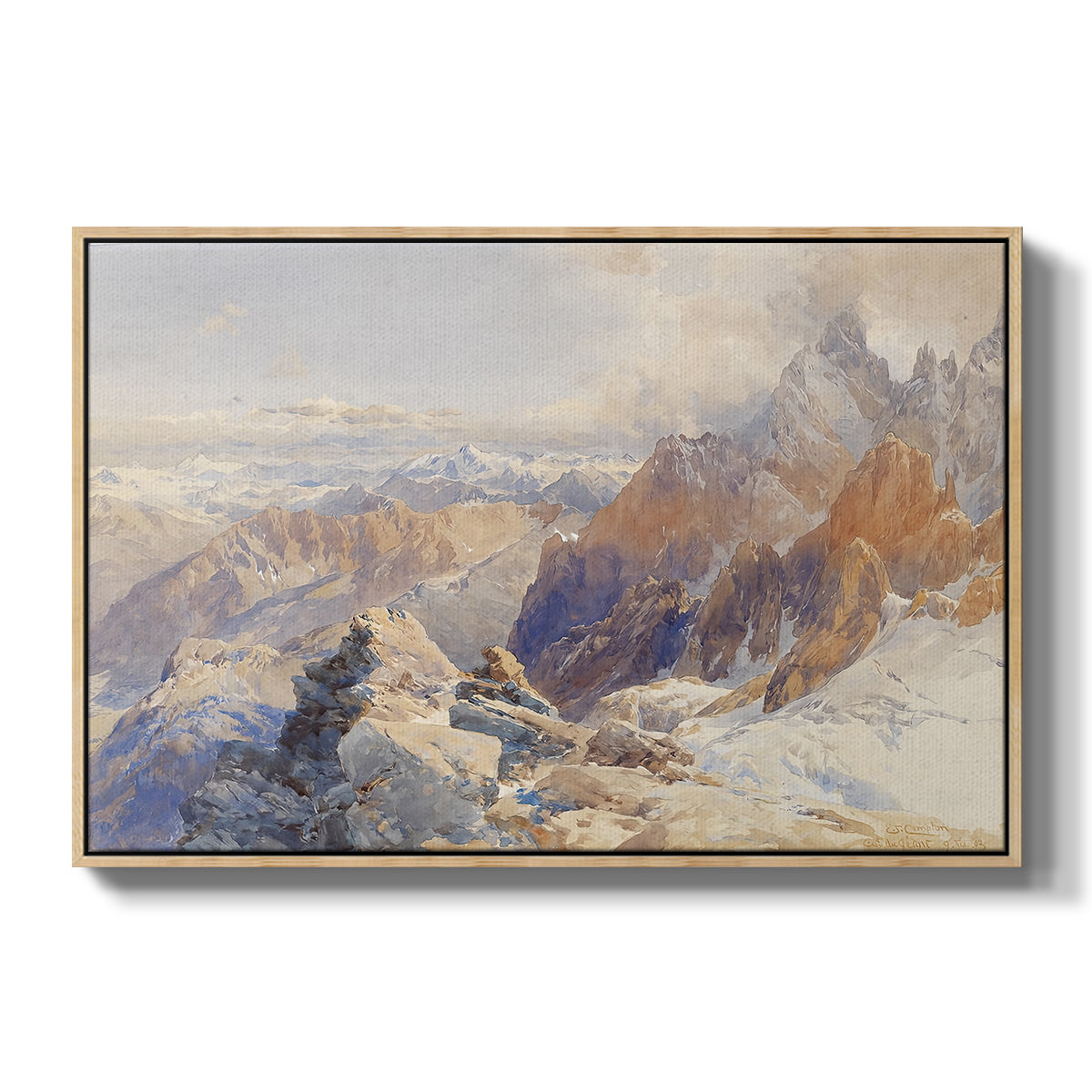 Col du Géant, 1903 by Edward Theodore Compton in a natural wood floater framed canvas wall art display.