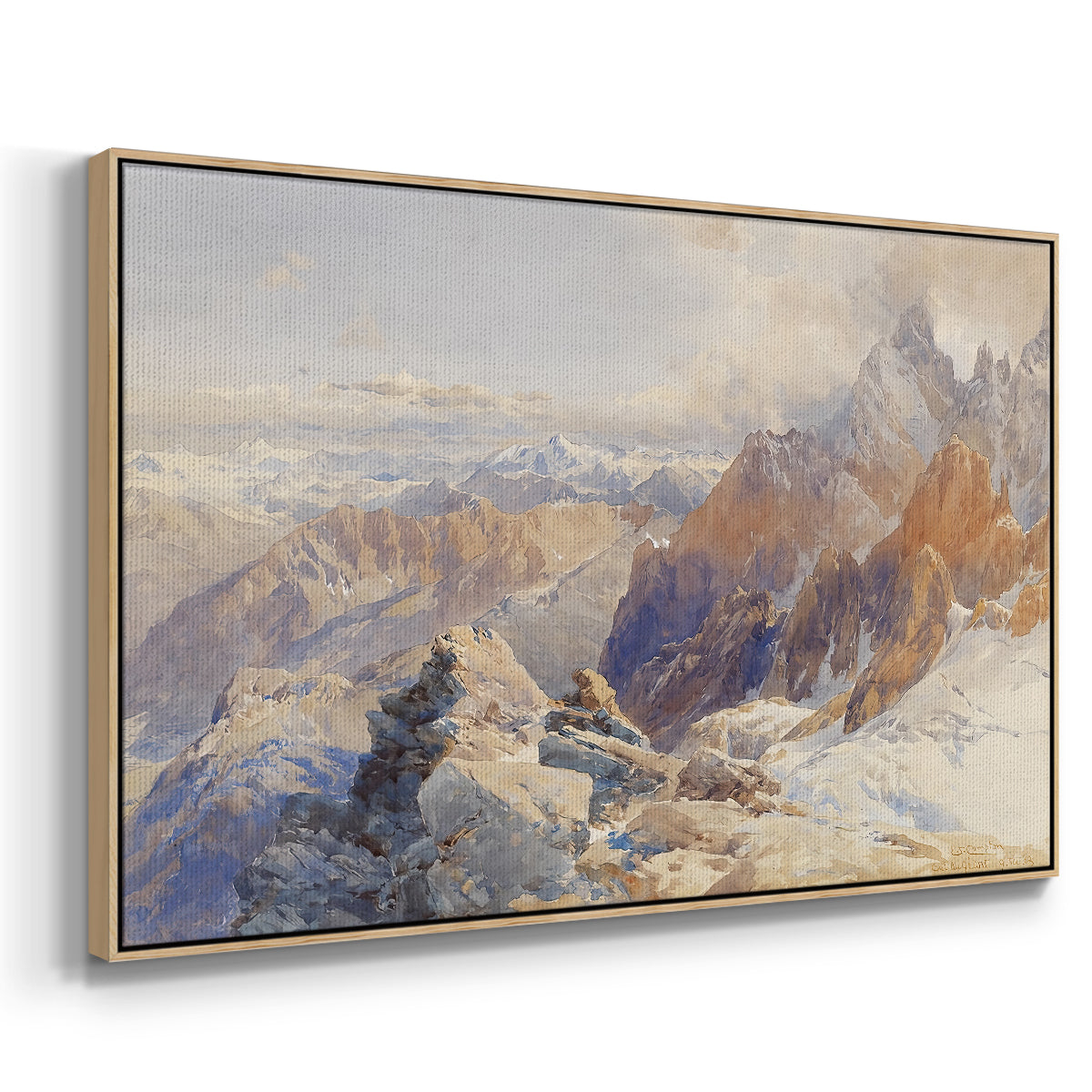 Angled view of Col du Géant, 1903 by Edward Theodore Compton in a natural wood floater framed canvas.
