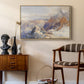 Col du Géant, 1903 by Edward Theodore Compton as a natural wood floater framed canvas featuring a panoramic alpine view with snow and rocky cliffs, styled above a mid-century console in a contemporary living area.