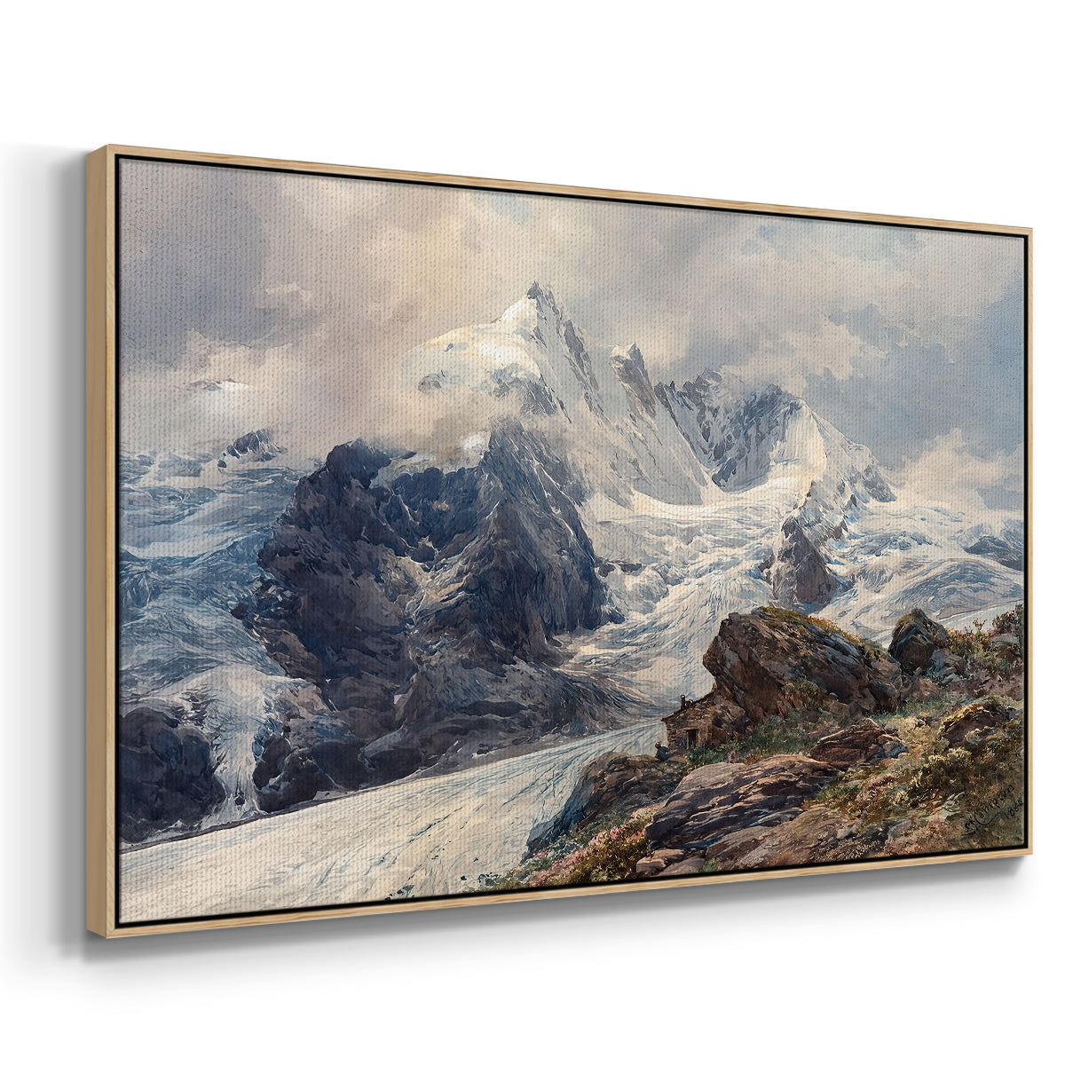 Angled view of The Grossglockner, 1880 by Edward Theodore Compton in a natural wood floater framed canvas.
