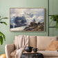Natural wood floater framed canvas featuring an alpine peak dominating surrounding terrain, displayed above a sofa in a modern living room.