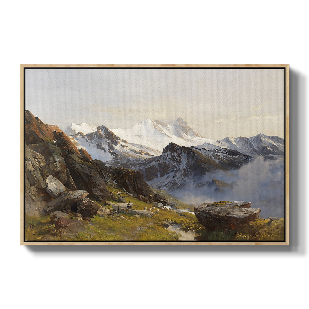 The Großglockner from the Prager Hut, 1890 by Edward Theodore Compton in a natural wood floater framed canvas wall art display.