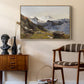 The Großglockner from the Prager Hut, 1890 by Edward Theodore Compton as a natural wood floater framed canvas featuring an alpine vista with towering peak and foreground terrain, styled above a mid-century console in a contemporary living area.