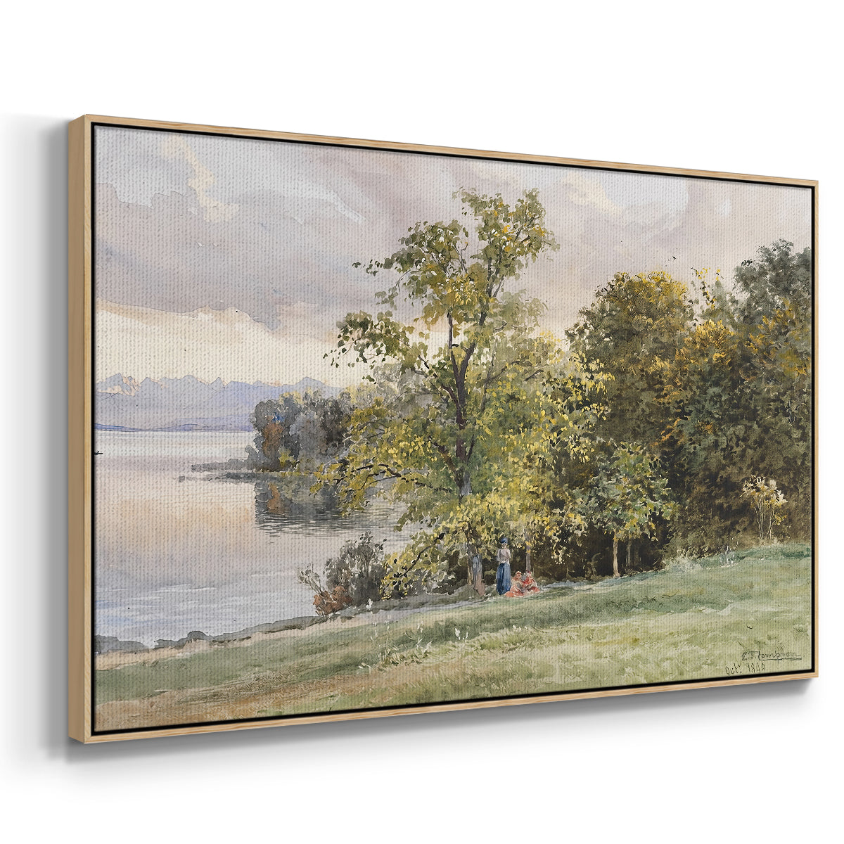 Angled view of Landscape at Lake Starnberg, 1890 by Edward Theodore Compton in a natural wood floater framed canvas.