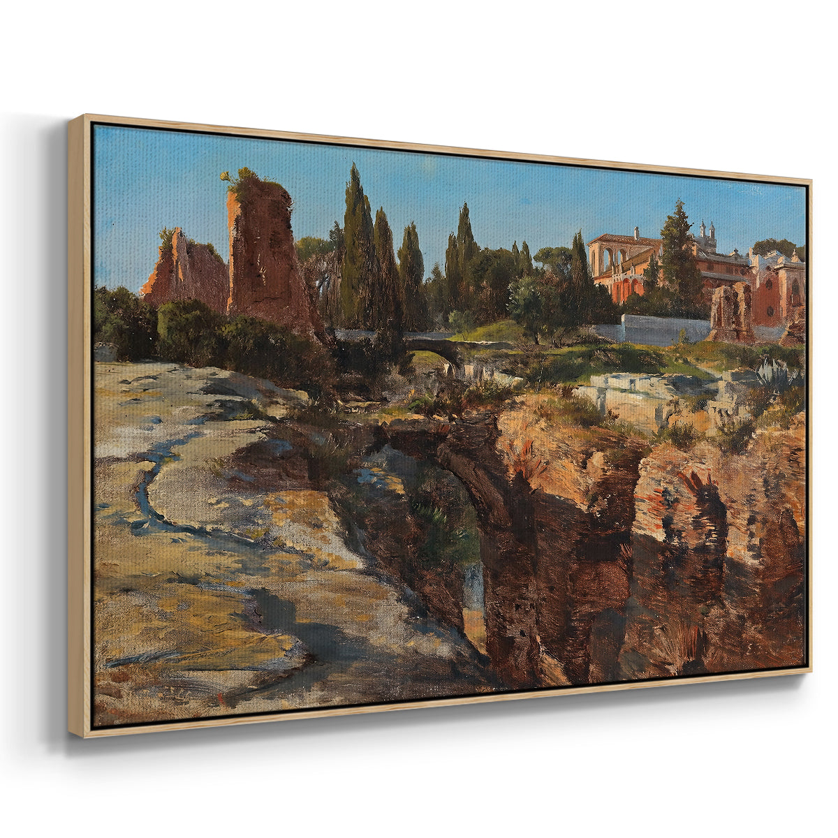 Angled view of Palatine in Rome, c. 1921 by Edward Theodore Compton in a natural wood floater framed canvas.