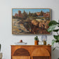 Palatine in Rome, c. 1921 by Edward Theodore Compton in a natural wood floater framed canvas featuring historic Roman ruins and buildings set within warm landscape, displayed above a wood console cabinet.