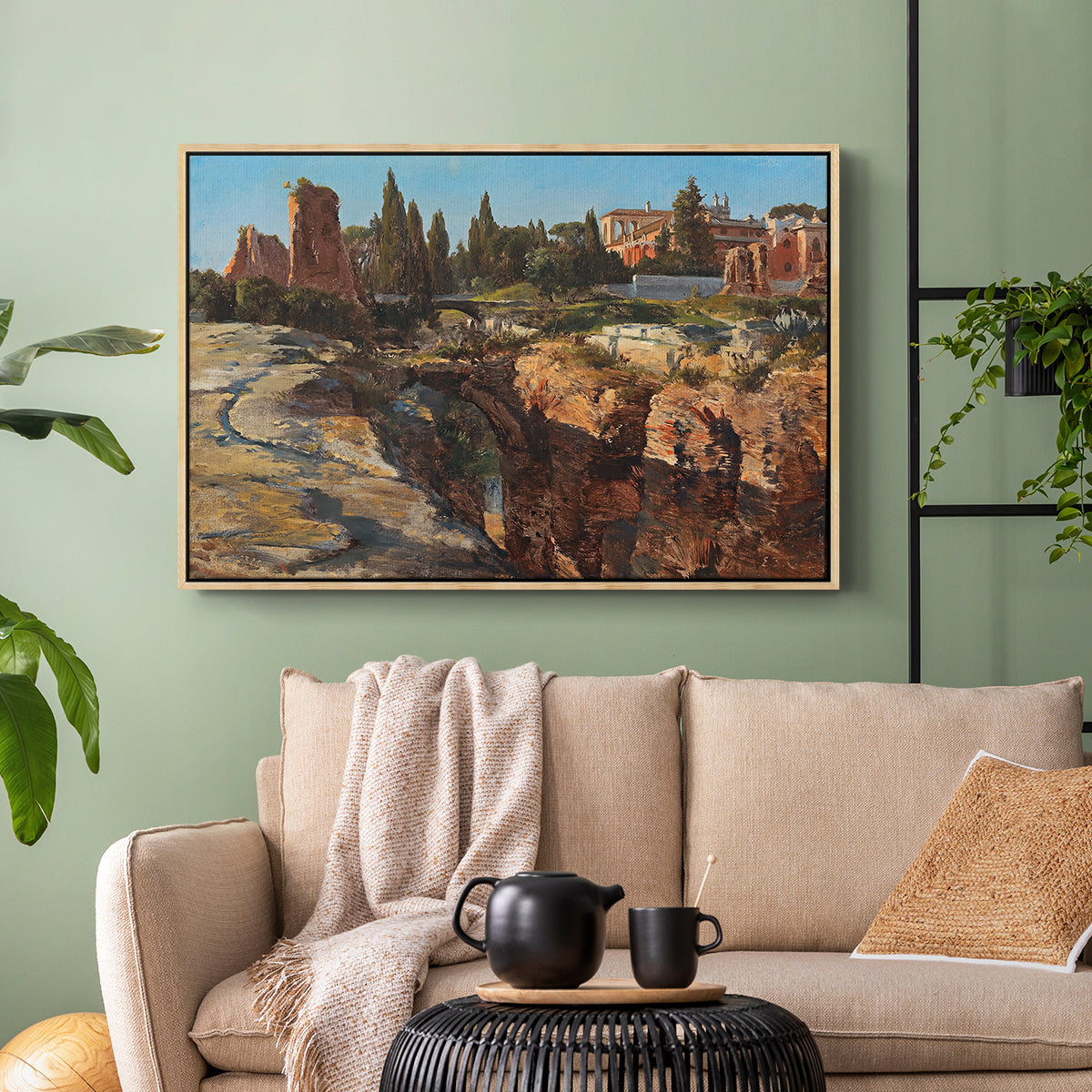 Natural wood floater framed canvas featuring a detailed depiction of historic Roman architecture, displayed above a sofa in a modern living room.