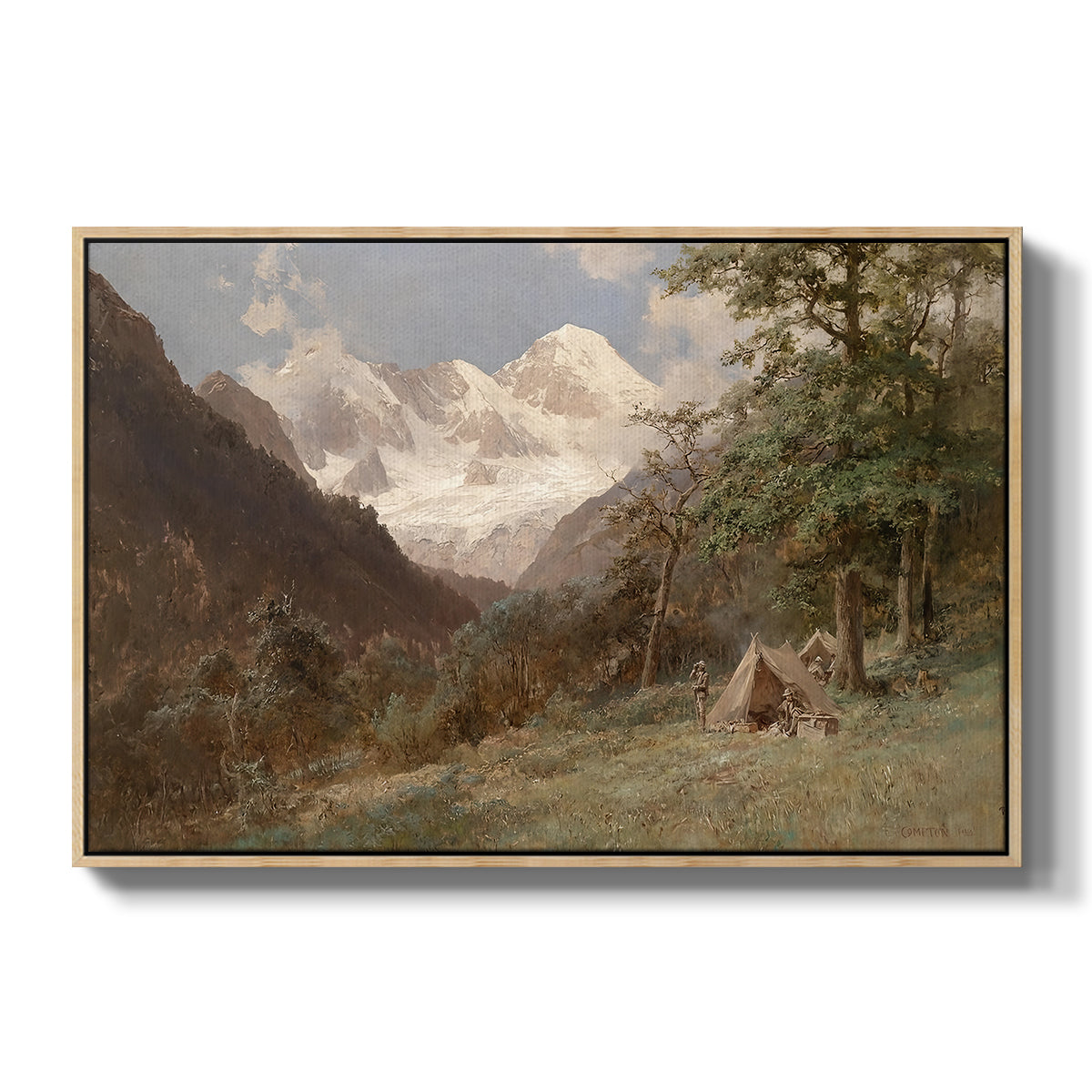 Landscape in the Caucasus, c. 1921 by Edward Theodore Compton in a natural wood floater framed canvas wall art display.