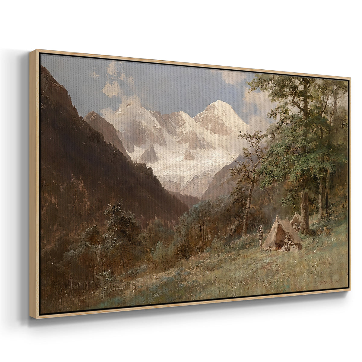 Angled view of Landscape in the Caucasus, c. 1921 by Edward Theodore Compton in a natural wood floater framed canvas.