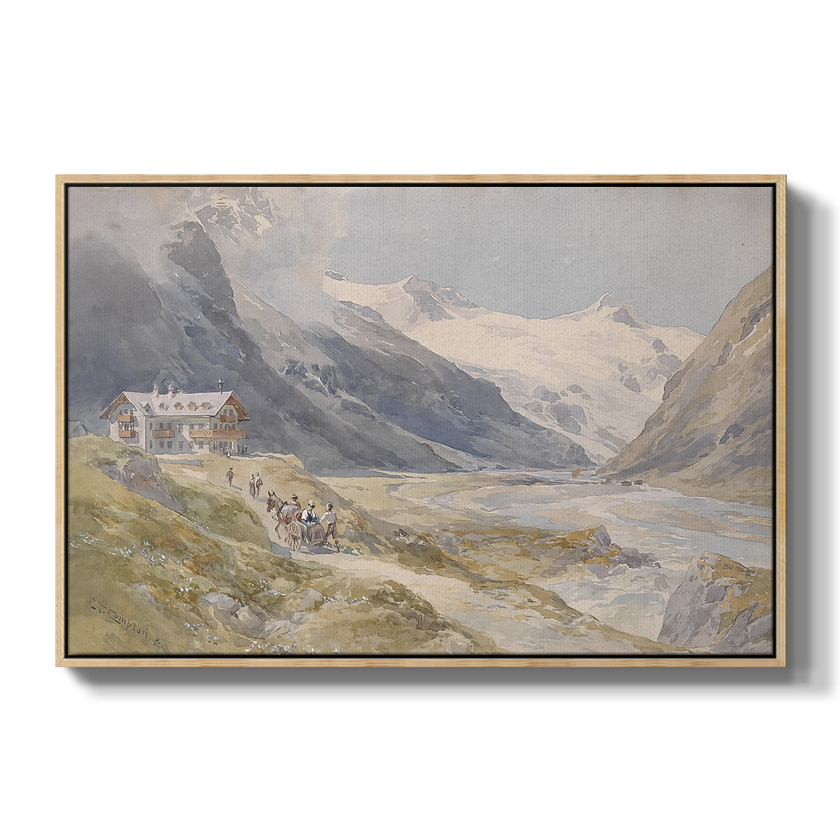 Shepherds (Pasterze), c. 1921 by Edward Theodore Compton in a natural wood floater framed canvas wall art display.