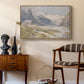 Shepherds (Pasterze), c. 1921 by Edward Theodore Compton as a natural wood floater framed canvas featuring a rural alpine setting with shepherds and open terrain, styled above a mid-century console in a contemporary living area.