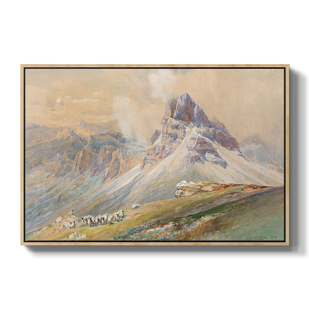 From the Dolomites, 1904 by Edward Theodore Compton in a natural wood floater framed canvas wall art display.