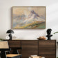 From the Dolomites, 1904 by Edward Theodore Compton displayed in a natural wood floater framed canvas above a dark wood credenza in an entryway.