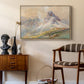 From the Dolomites, 1904 by Edward Theodore Compton as a natural wood floater framed canvas featuring an expansive landscape featuring iconic Dolomite peaks, styled above a mid-century console in a contemporary living area.