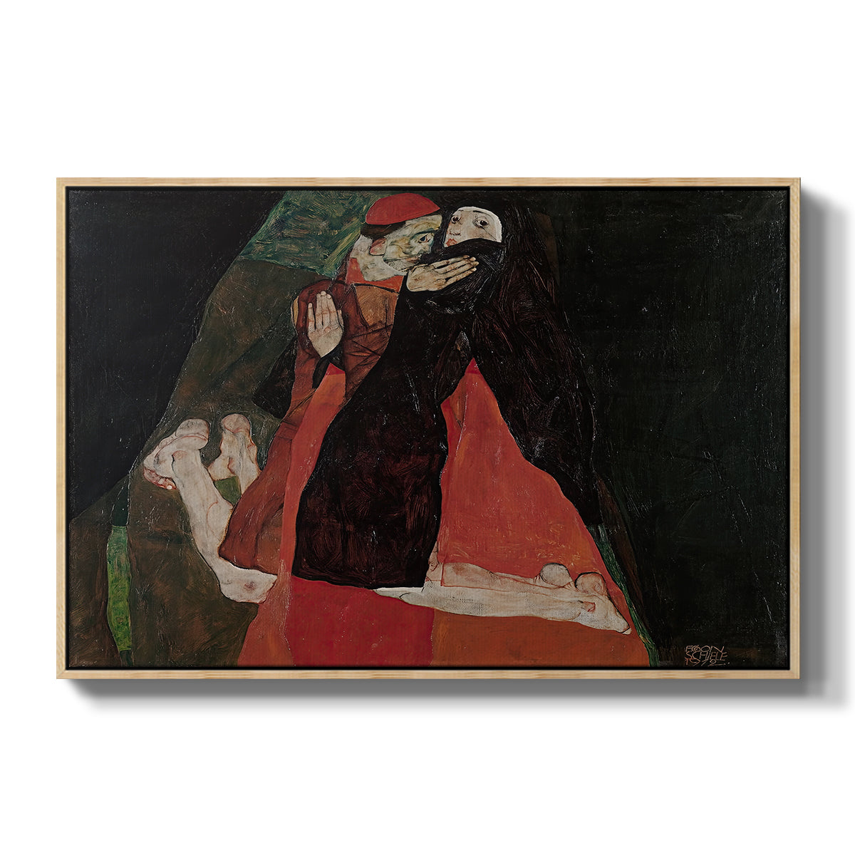 Cardinal and Nun (Caress), 1912 by Egon Schiele in a natural wood floater framed canvas wall art display.