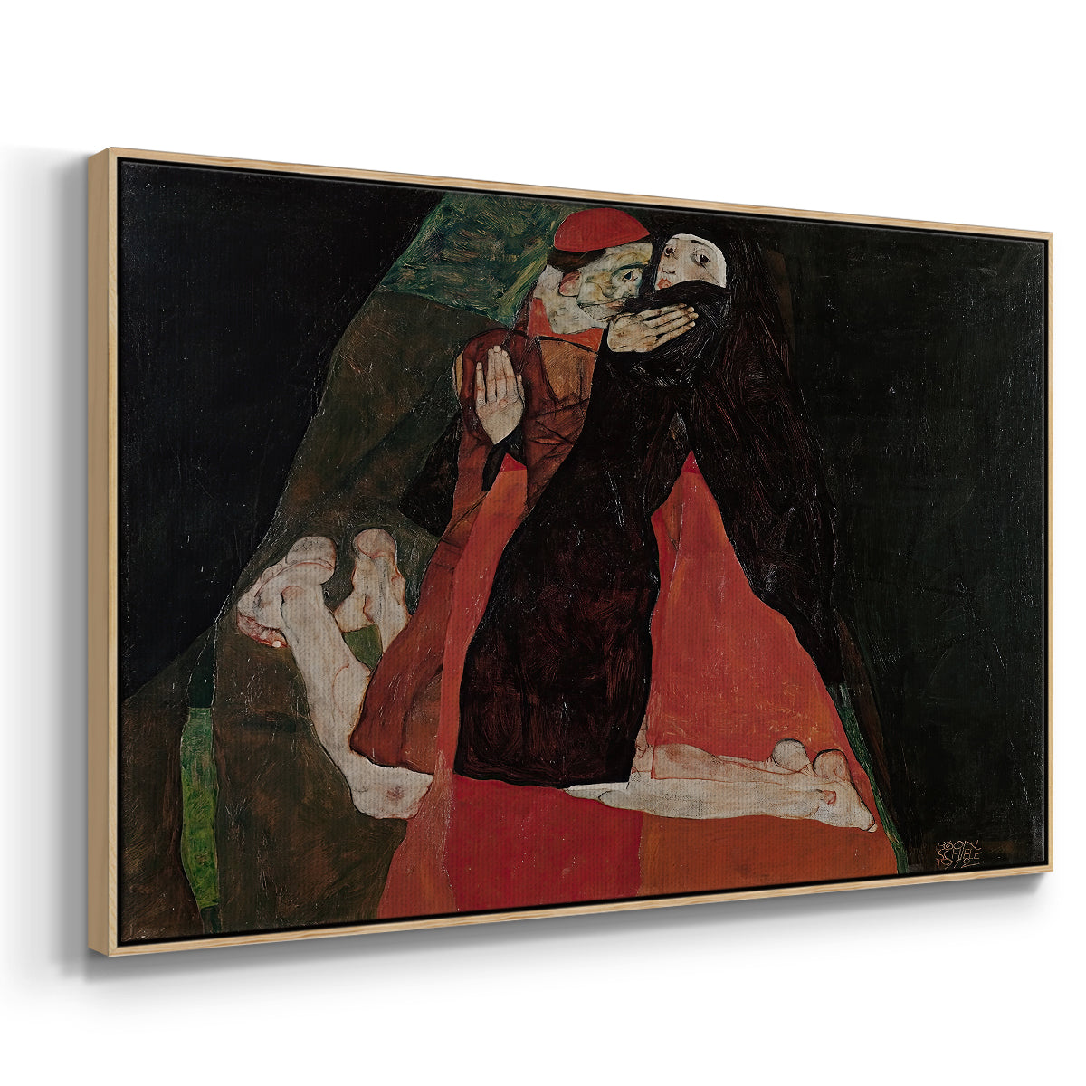 Angled view of Cardinal and Nun (Caress), 1912 by Egon Schiele in a natural wood floater framed canvas.