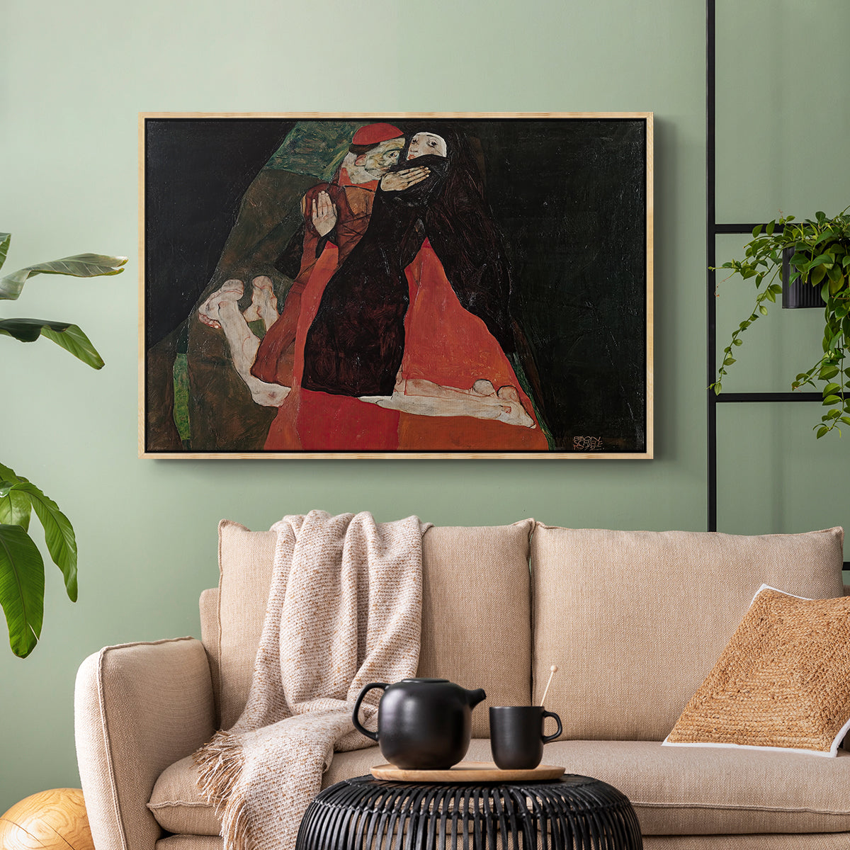 Natural wood floater framed canvas featuring an intimate scene with religious figures in modernist style, displayed above a sofa in a modern living room.