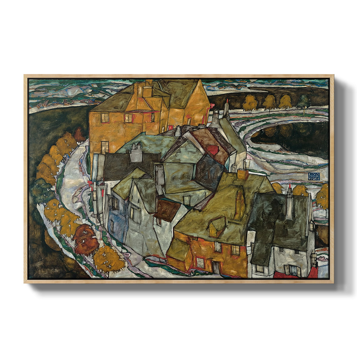 Crescent of Houses II (Island Town), 1915 by Egon Schiele in a natural wood floater framed canvas wall art display.