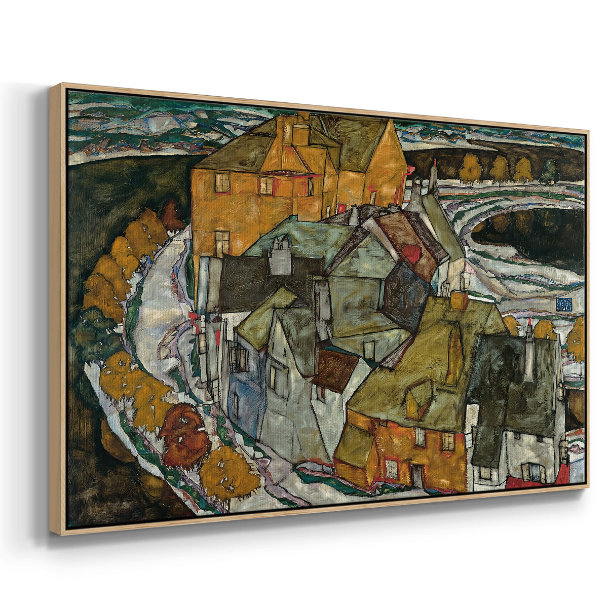 Angled view of Crescent of Houses II (Island Town), 1915 by Egon Schiele in a natural wood floater framed canvas.