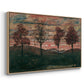 Angled view of Four Trees, 1917 by Egon Schiele in a natural wood floater framed canvas.