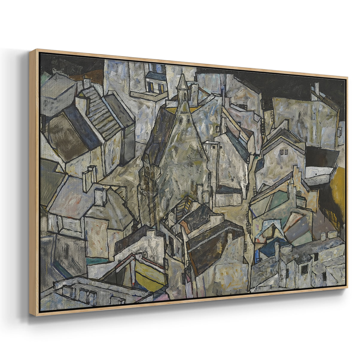 Angled view of Mödling II, 1918 by Egon Schiele in a natural wood floater framed canvas.