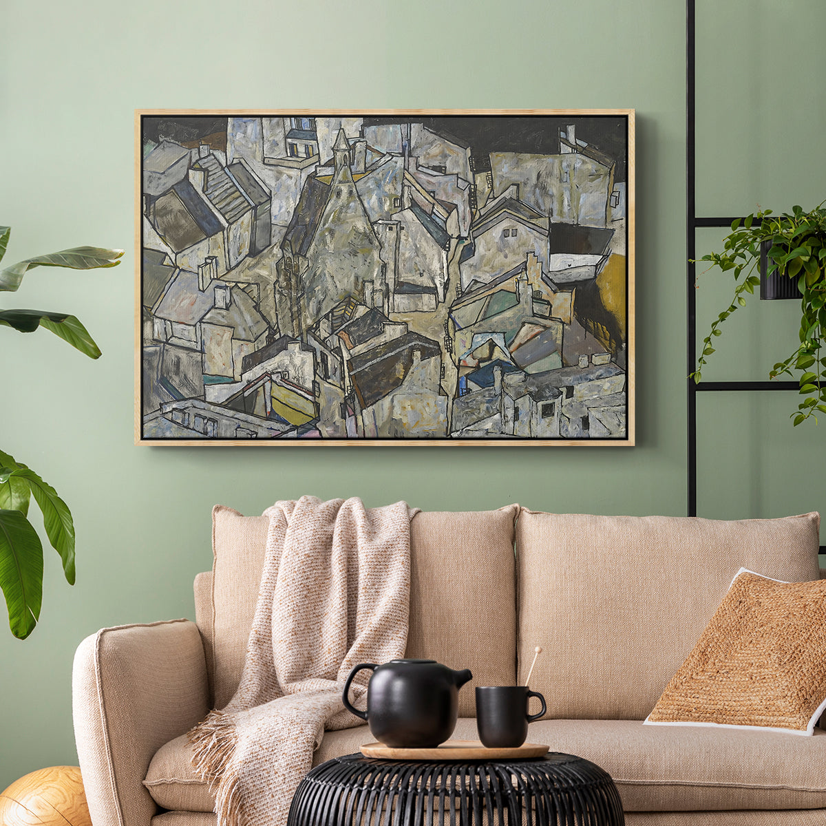 Natural wood floater framed canvas featuring a stylized urban composition with geometric structures and muted tones, displayed above a sofa in a modern living room.