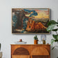 Earthbound, 1897 by Evelyn De Morgan in a natural wood floater framed canvas featuring a reclining female figure surrounded by symbolic elements in dreamlike setting, displayed above a wood console cabinet.