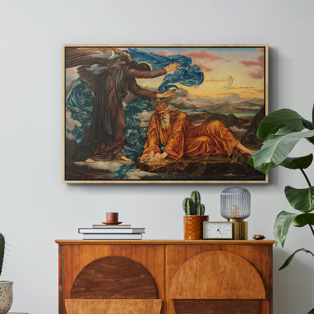 Earthbound, 1897 by Evelyn De Morgan in a natural wood floater framed canvas featuring a reclining female figure surrounded by symbolic elements in dreamlike setting, displayed above a wood console cabinet.