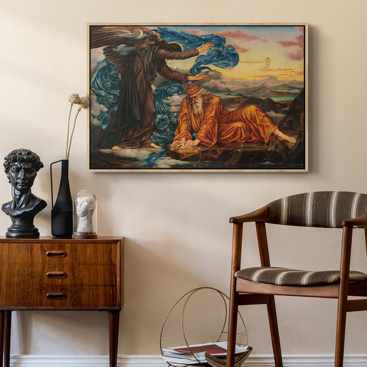 Earthbound, 1897 by Evelyn De Morgan as a natural wood floater framed canvas featuring a symbolic composition exploring human form and spiritual themes, styled above a mid-century console in a contemporary living area.