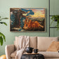 Natural wood floater framed canvas featuring a classical-style figure lying in ornate, mystical environment, displayed above a sofa in a modern living room.